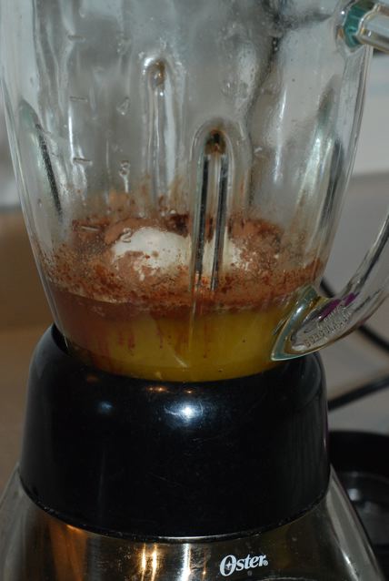 Raisins, orange juice, cocoa powder and oat flour in a blender