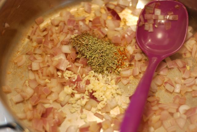Saute onion, add garlic and herbs