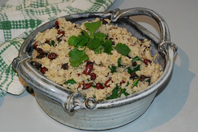 Spinach and Kidney Bean Pulao transfered to a serving dish