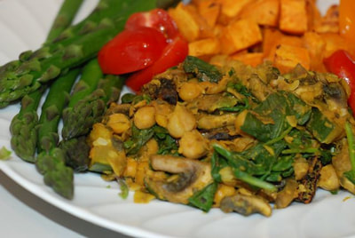 Hot Greek Chickpea Scramble served with roasted sweet potato cubes and steam asparagus--beansriceeverythingnice@weebly.com