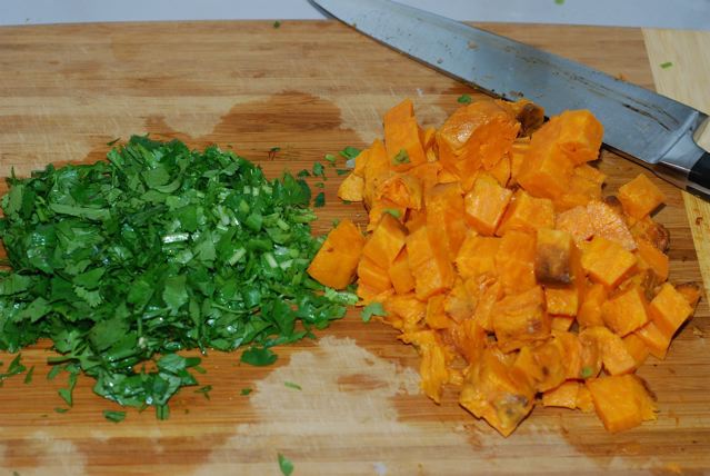 Mince cilantro and chopped baked sweet potato