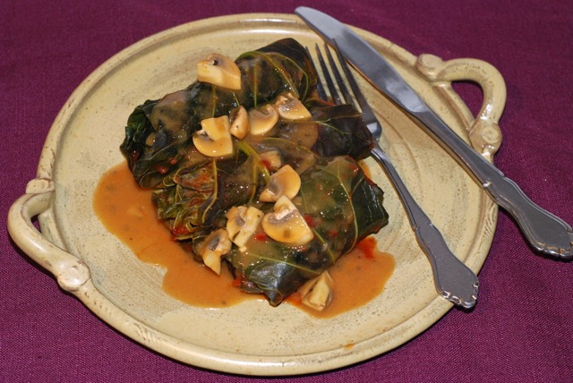 Collard Green Rolls covered in Awesome Mushroom Sauce