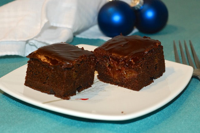 Two delicious Pumpkin Apricot Brownies with Chocolate PB2 icing.