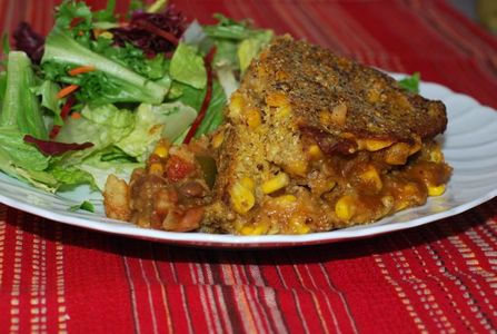 Sweet Potato Chili with Crusty Cornmeal Topping served with salad