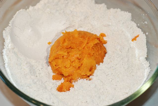 Add the sweet potato to the flour