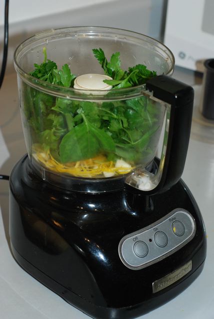 Lemon zest and juice, garlic, basil and parsley in food processor
