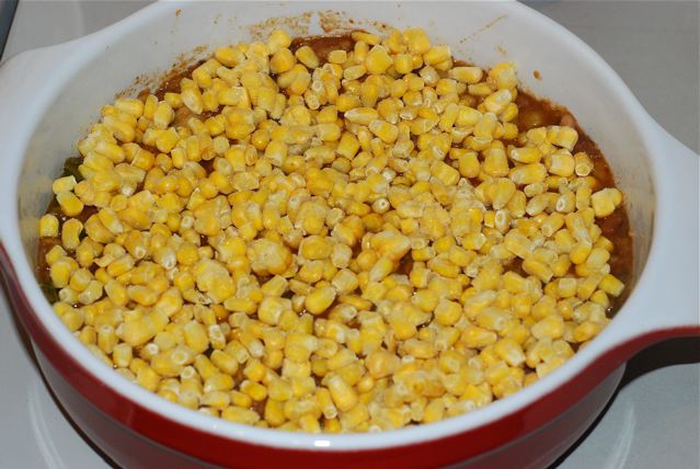 Pour the chili into a casserole dish and cover with frozen corn