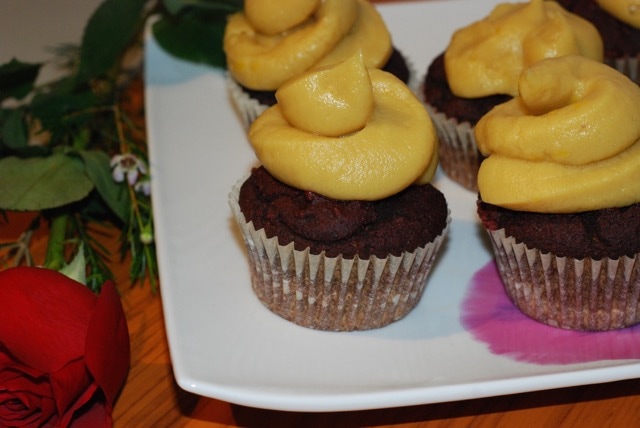 Close-up Red Velvet Cupcakes with Lemon Sweet Potato Icing / Fat-Free, Gluten-Free, Vegan