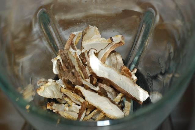Dried mushrooms in a blender