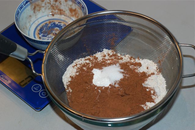Sift the flours and cocoa powder together with the baking powder and salt