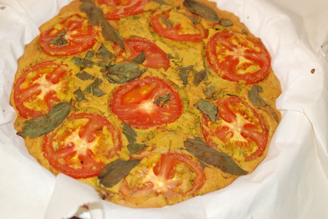 Finished Crust-less Mushroom and Tomato Chickpea tart fresh out or the oven