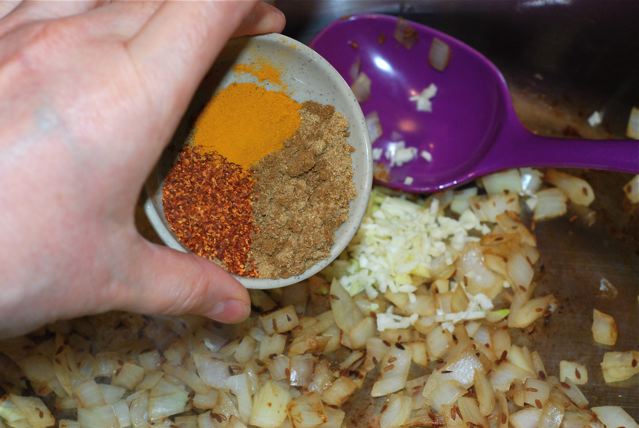 Adding spices to the toasted cumin seeds and cooked onions