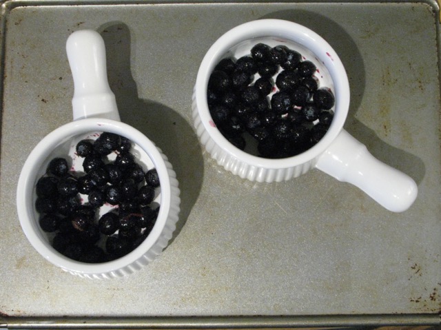 Blueberries in the bottom of two ramekins