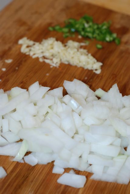 Chopped onion, minced garlic, and miced serrano chili