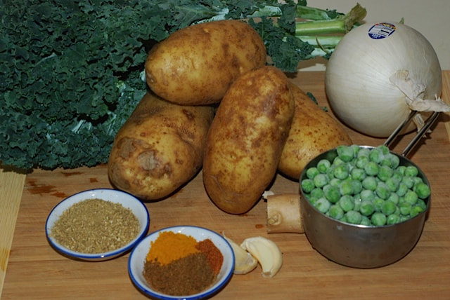 Ingredients for North Indian Potatoes and Greens --beansriceeverythingnice@weebly.com