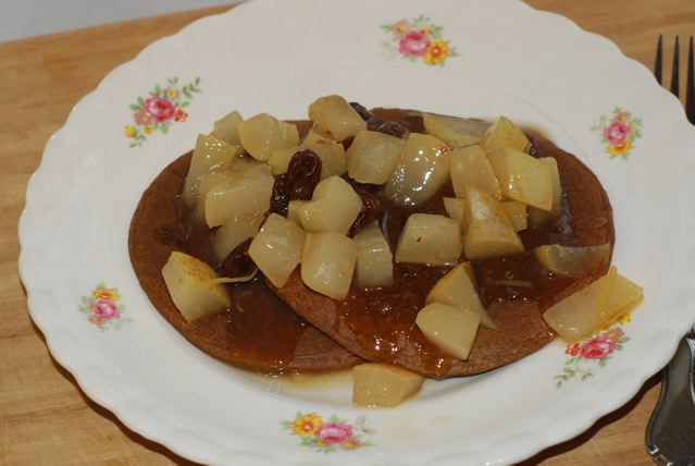 Gingerbread Pancakes / Fat-Free, Gluten-Free, Vegan topped with Asian Pear (or Apple) Compote.