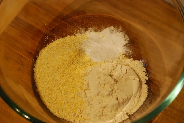 Whisk together cornmeal, masa harina, and baking powder 