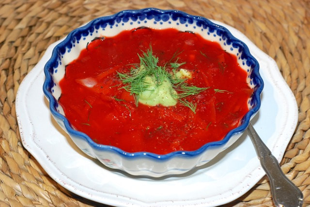 Borscht with Avocado Cream--Soup with Friends / Comforting Bowls of gluten-free Vegan Goodness