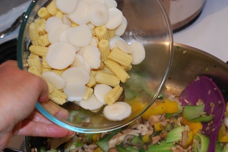 Add the baby cut corn and water chestnuts