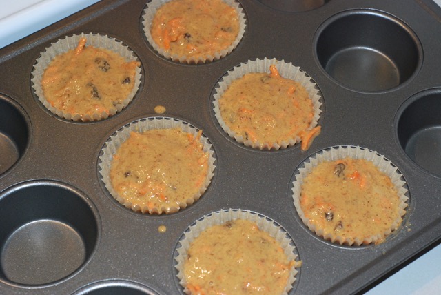 Fill each muffin cup liner with 1/4 cup of batter