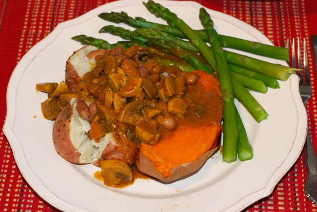 Awesome Mushroom Sauce on potatoes, yam and asparagus. Lunch is served!