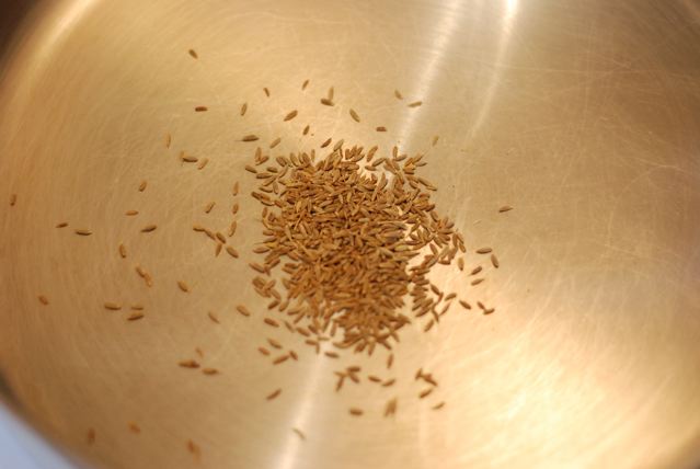 Whole cumin seed toasting in a dry pan