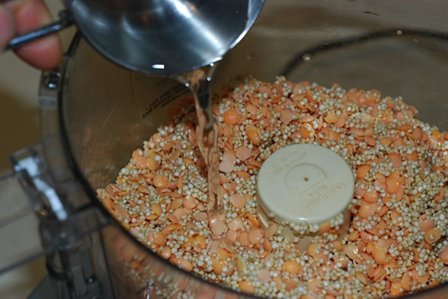 Add water to the quinoa and lentils int the food processor
