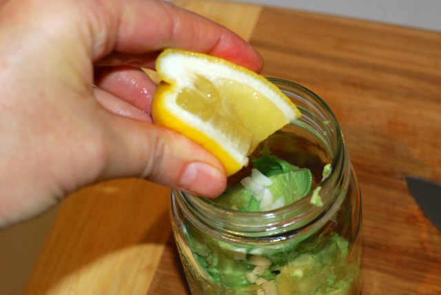 Add the lemon juice and garlic clove to the avocado in the blender jar