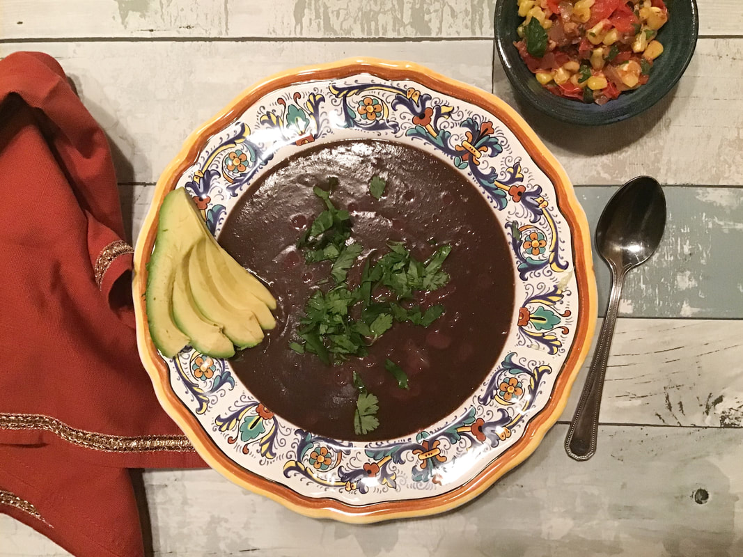 Serve with avocado slices, minced fresh cilantro, and a squeeze of fresh lime juice—Spicy Black Bean Soup—Instant Pot recipe / Fat-Free, Gluten-Free, Vegan—https://beansriceeverythingnice.weebly.com