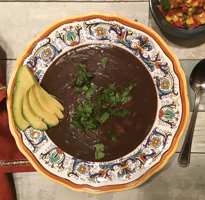 Big bowl of fresh Spicy Black Bean Soup—Spicy Black Bean Soup—Instant Pot recipe / Fat-Free, Gluten-Free, Vegan—https://beansriceeverythingnice.weebly.com