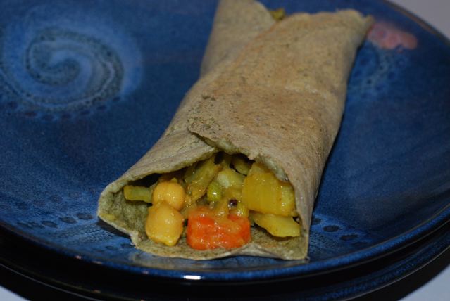 Mung Bean Crepe Filled with Spiced Cabbage and Peas with Potatoes