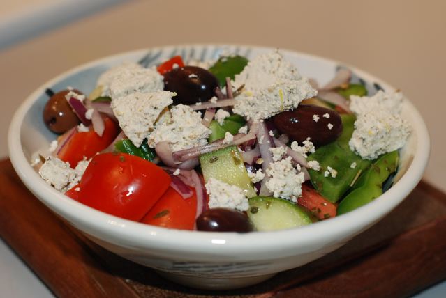 Homemade Soy Feta and Greek Salad ready for supper