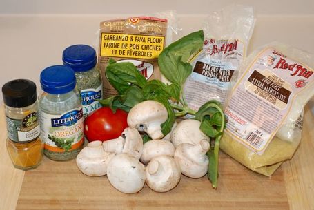 Ingredients for Crust-less Mushroom and Tomato Chickpea tart / Fat-Free, Gluten-Free, Vegan