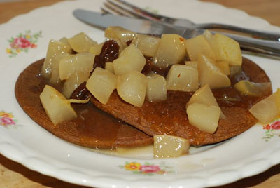 A plate of warm GIngerbread Pancakes topped with Asian Pear Compote--beansriceeverythingnice@weebly.com