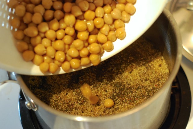 Stir in the chickpeas--Curry Leaves Quinoa with Quick Apricot Chutney / Fat-Free, Gluten-Free, Vegan