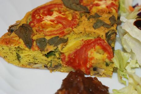 Crust-less Mushroom and Tomato Chickpea Tart / Fat-Free, Gluten-Free, Vegan close-up of slice