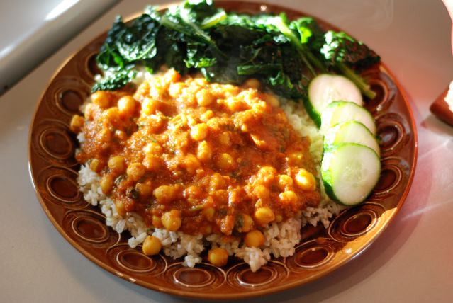 Chana Masala on brown rice in the sunlight