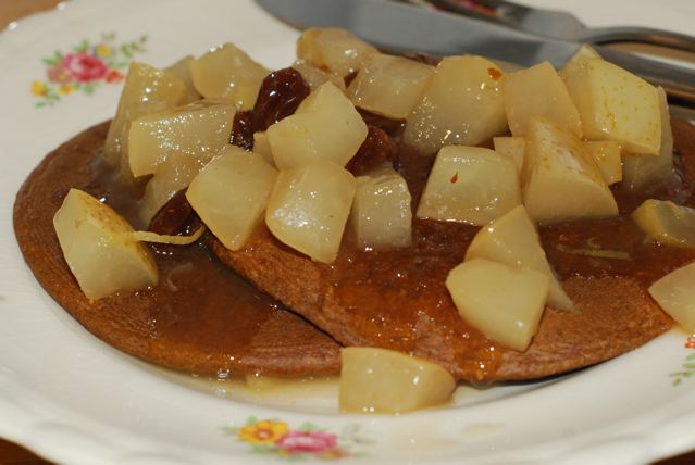 Asian Pear (or Apple) Compote over Gingerbread Pancakes