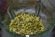 Mung beans, rice and water in a blender