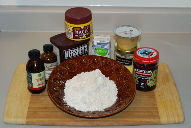 Ingredients for Chocolate Cherry Linzer Cookies / Gluten-Free, Oil-Free, Vegan minus the sugar