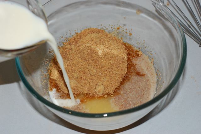 Adding the sour soy milk to the flax gel, applesauce and sugar