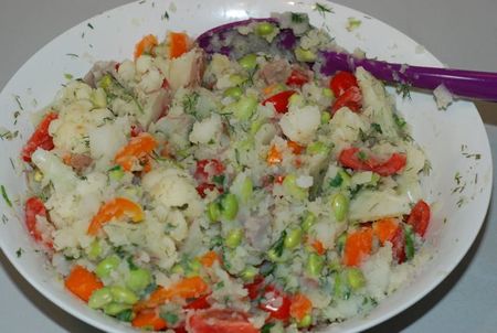 Potato, Cauliflower, Edamame Salad with Yummy Dill Dressing in a bowl