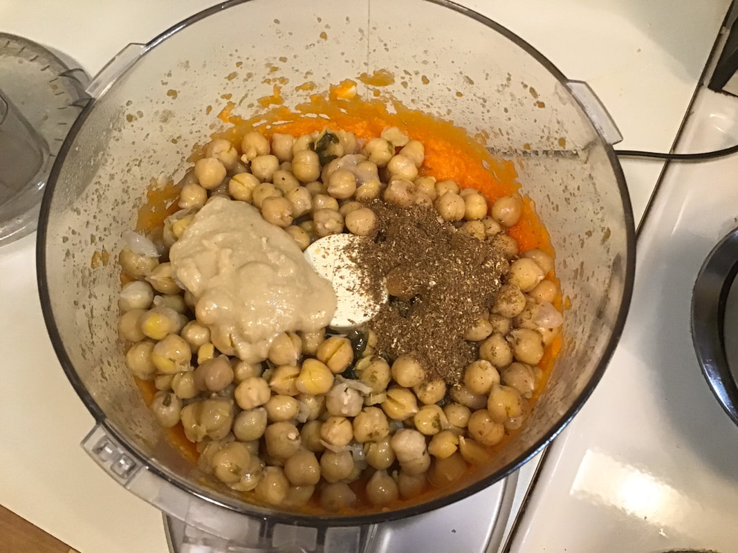 Add the chickpeas, tahini, and spices and puree—Carrot hummus / Gluten-Free, Oil-Free, Vegan—beansriceeverythingnIce.weebly.com