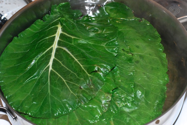 Braise the collards in boiling water for 3 minutes