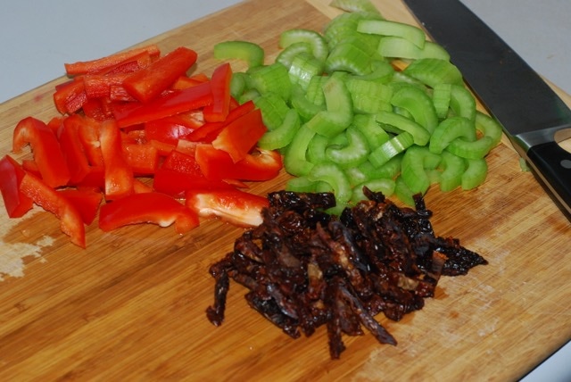 Chopped red pepper, celery and sund-dried tomatoes