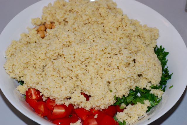Add the cooled millet to the veggies in the salad bowl