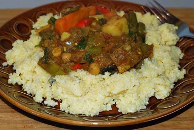 Moroccan Chickpea and Vegetable Stew served on millet
