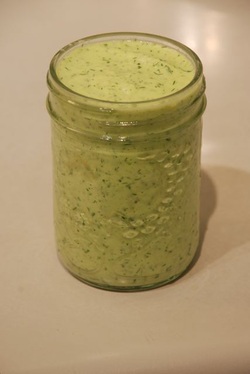 Finished Cucmber and Parsley Salad Dressing in a jar