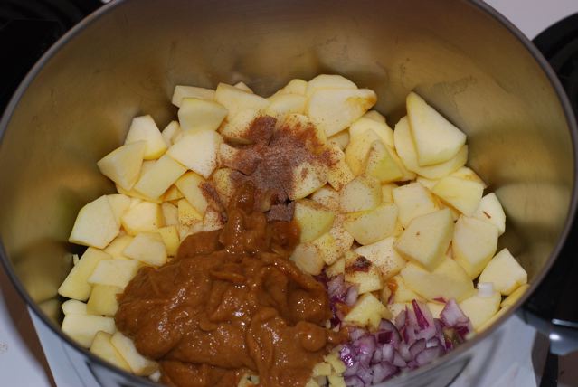 Date paste and spices added to the cooking pot