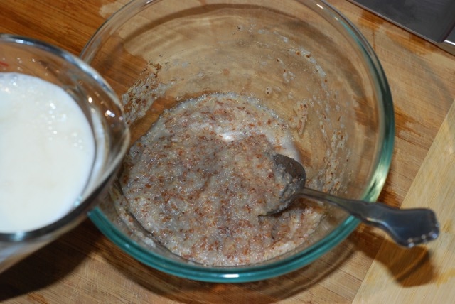 Add sour soy milk to the flax and apple sauce mixture